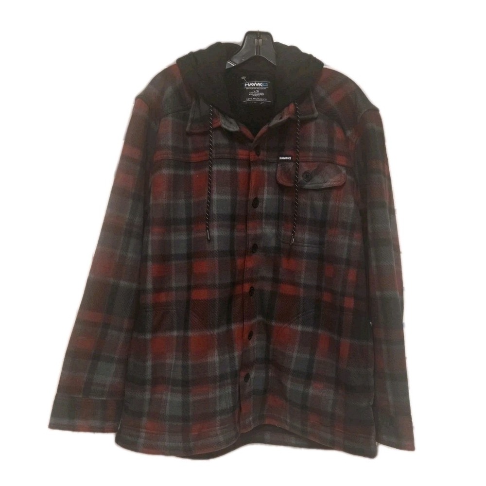 Tony Hawk Flannel Shacket Mens L Red Gray Plaid Sherpa Hoodie Button Front NWT
